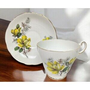 Vintage Tea Cup and Saucer Regency English Bone China Yellow Flower Gold Trim
